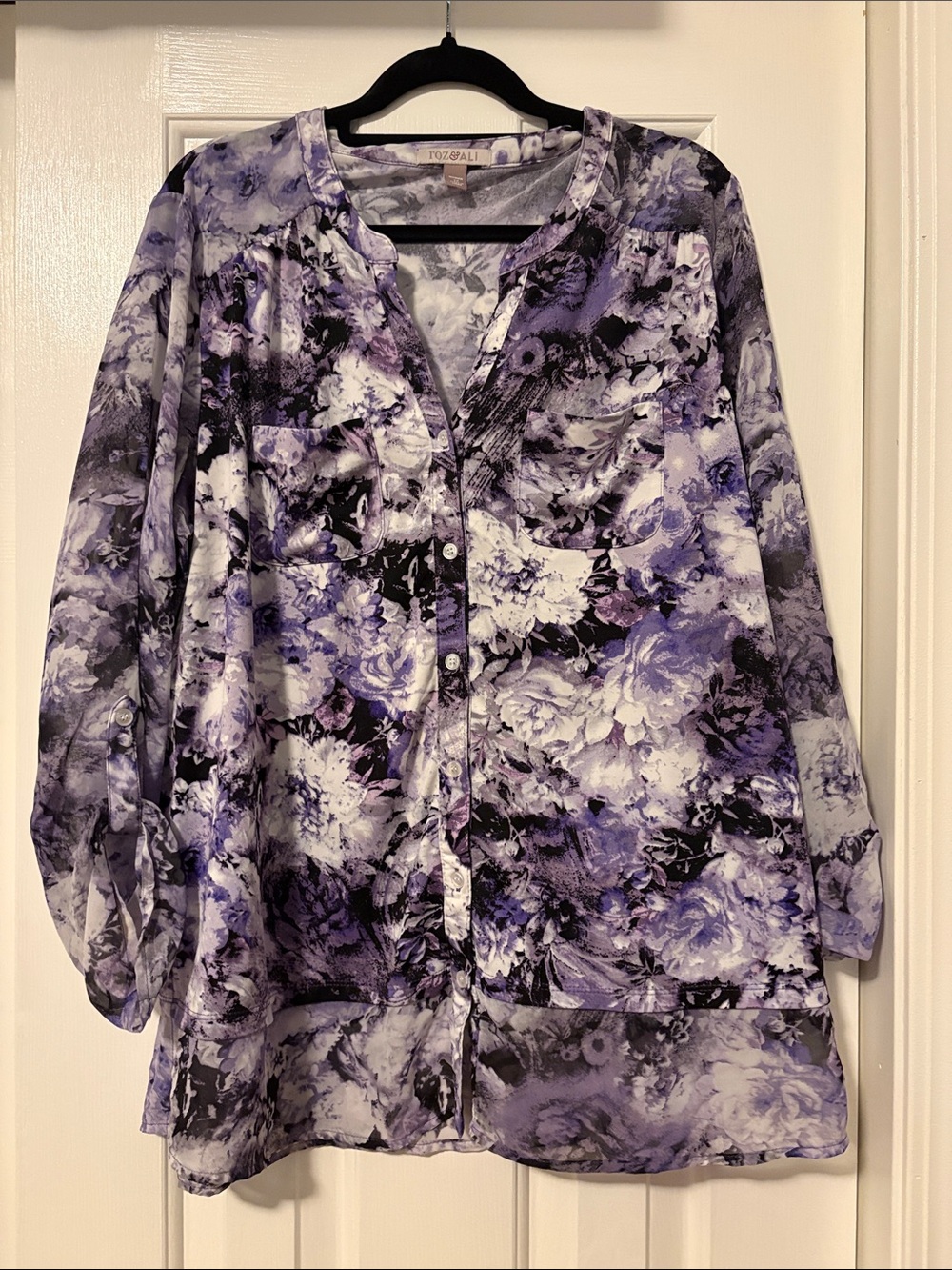 Roz & Ali Lilac and Black Floral Button-Front Blouse